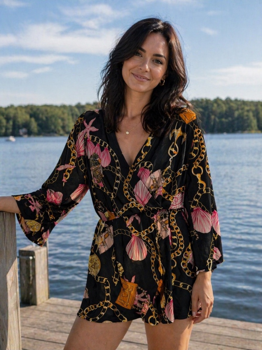 Black Floral Chain Print Romper - Women's Jumpsuit